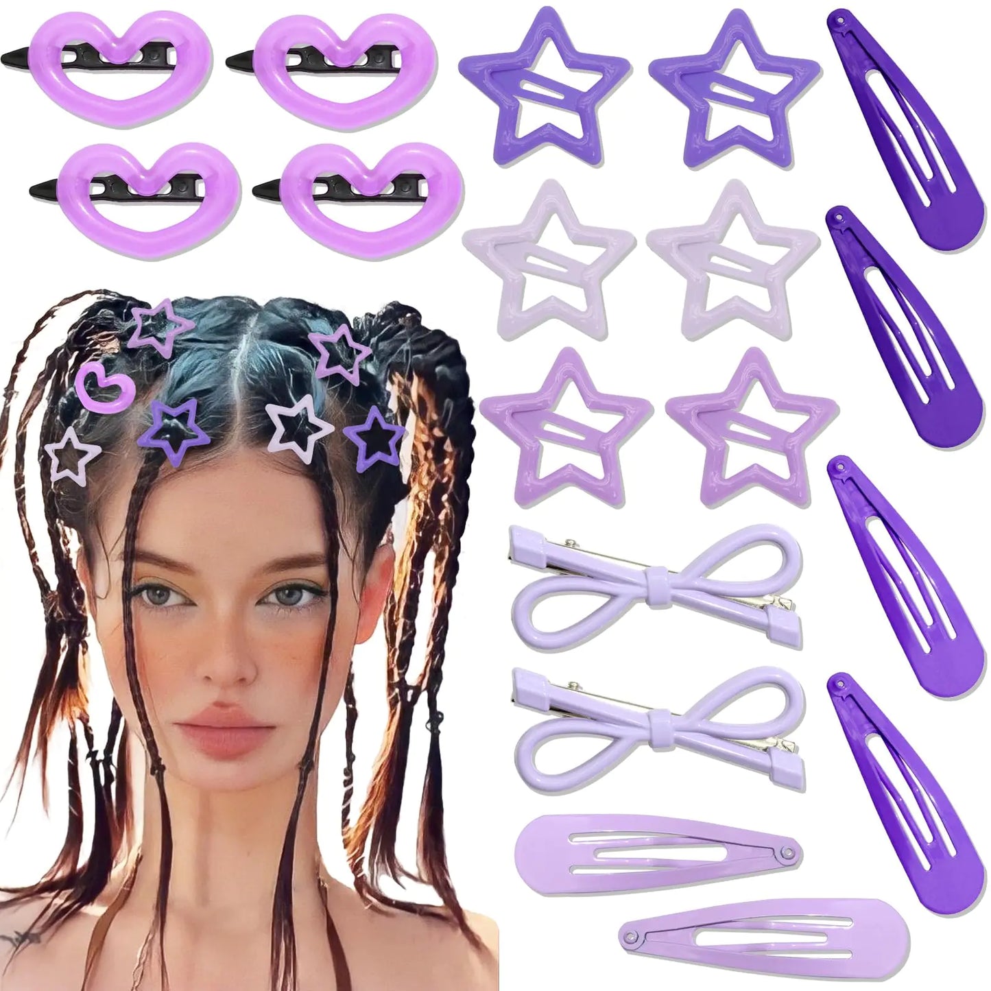 SAWINDA 18Pcs Purple Star Hair Clips Y2K Metal Snap Hair Clips Heart Hair Barrettes Non Slip Clips for Hair Cute Hair Pins Alligator Clips Y2K Hair Accessories for Women