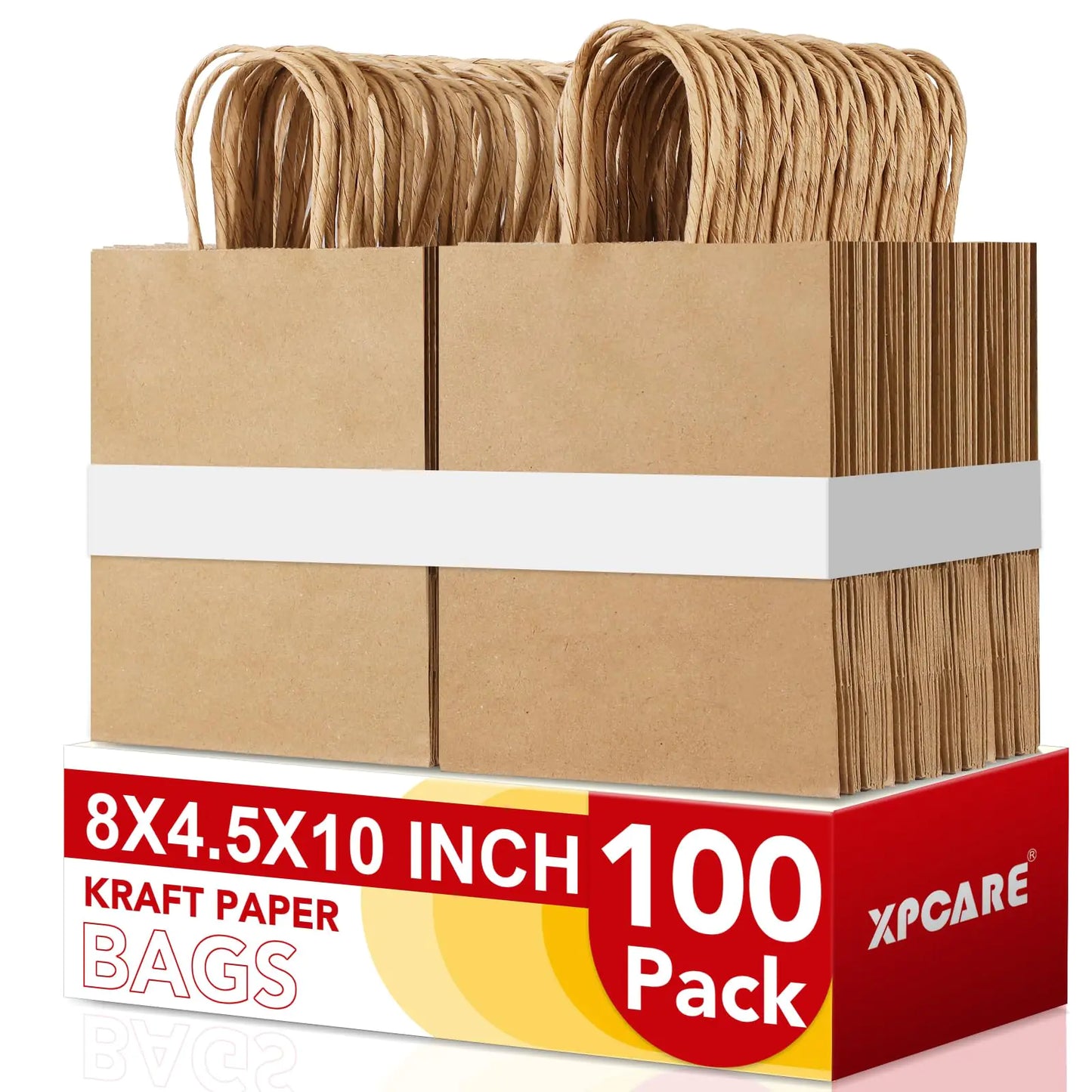 XPCARE 100Pack Brown Paper Bags 8x4.5x10 Inch Plain Medium Paper Bags with Handles Bulk Kraft Paper Gift Bags Retail Bags Party Bags Shopping Bags Favor Bags