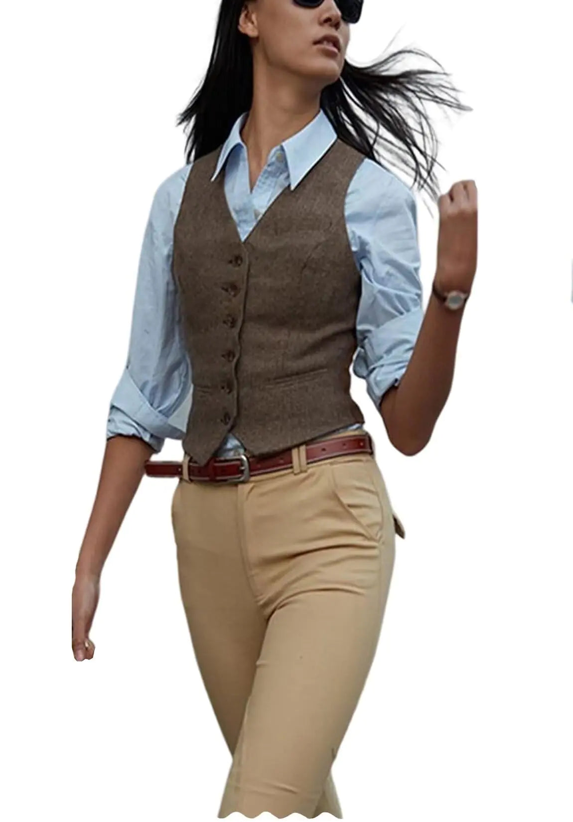 Womens Herringbone Tweed Waistcoat Slim Fit V-Neck Dressy Suit Vest