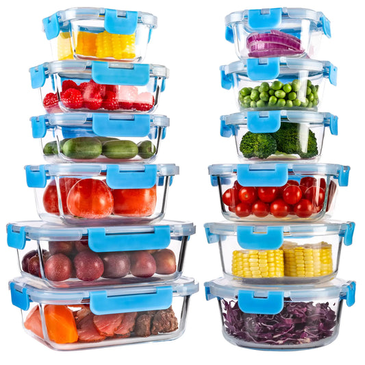 YARYOUNG 12 Pack Glass Food Storage Containers with Lids Glass Meal Prep Containers Airtight Glass Lunch Bento Boxes BPA Free & Leak Proof