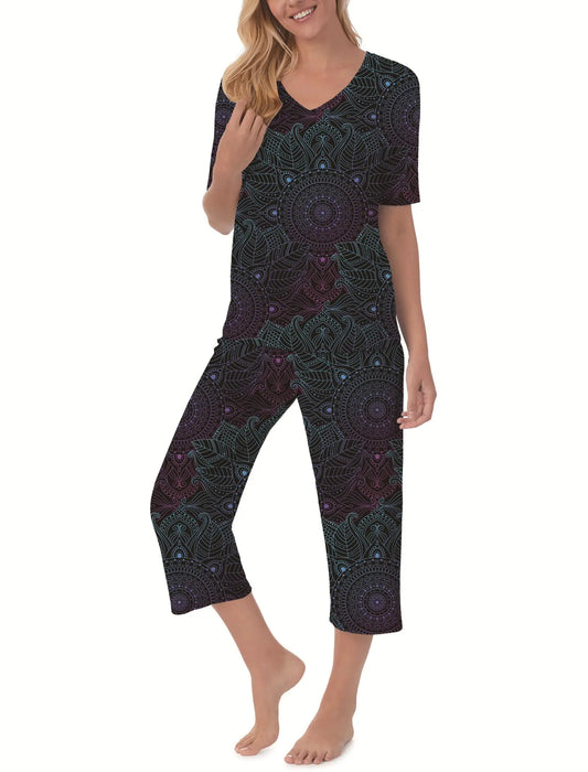 QCIV Womens Summer PJS Sets V Neck Top and Capri Pants with Pockets Sleepwear Set Two Piece PJS Purple Blue Mandala X-Large