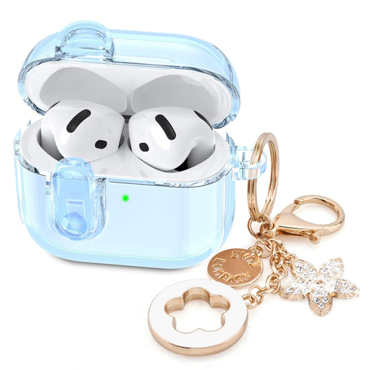 (with Safety Lock) Clear Case Compatible with Cute Apple Airpods 4 Cases 2024 Women VISOOM Soft TPU Transparency Air pods 4 Gen Case iPods 4 Earbuds Case Girl Bling Keychain for Airpod iPod 4th Gen