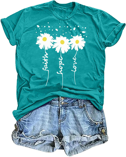 Womens Graphic T Shirts: Christian Shirts Daisy Print Short Sleeve Ladies T-Shirts Faith Hope Love Tee