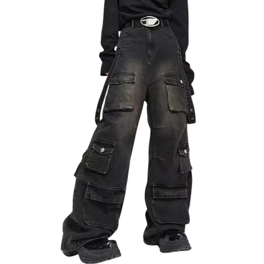 jupkem Mens Baggy Jeans Y2k Goth Vintage Wide Leg Pants with Multiple Pockets Women Fashion Punk 90s Hip Hop Cargo Pants Y2k Harajuku Streetwear(black8-S)