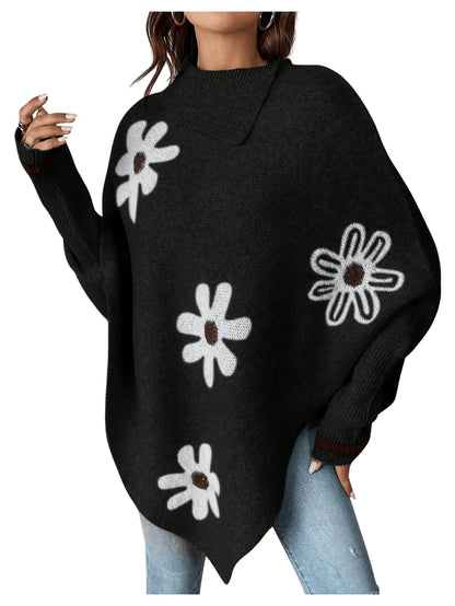 MakeMeChic Womens Poncho Sweater Turtleneck Knit Floral Asymmetrical Fall Sweaters Pullover Black Medium