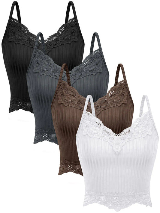 4 Pcs Lace Y2k Tank Tops Fairy Grunge Clothes Y2k Crop Tops Lace Patchwork Tops Cami Ribbed Knitted Tank Tops for Women (Black White Skin Gray Large)