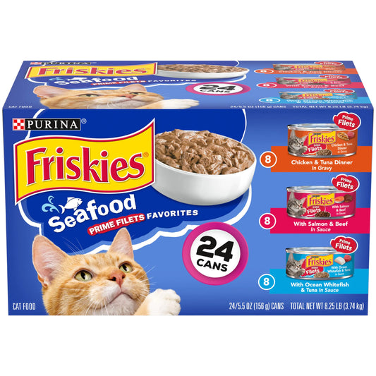 Purina Friskies Gravy Wet Cat Food Variety Pack Seafood Prime Filets Favorites - (Pack of 24) 5.5 oz. Cans