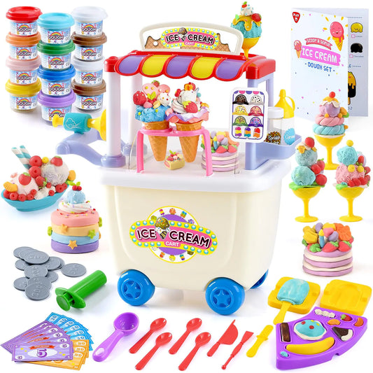 PLAY Ice Cream Cart Toys for Kids - Playdough Ice Cream Sets for Kids Ages 4-8 with 12 Cans Ice Cream Truck Toys for Kids Pretend Play Toy Ice Cream Shop Counter Playset for Girls Boys Kids Gifts