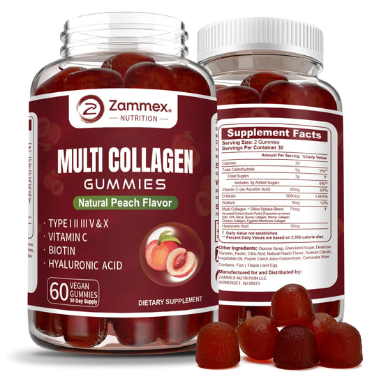 Zammex Multi Collagen Peptides Gummies (Type 1 2 3 5 & 10) 30 Servings Anti-Aging Collagen Gummy Supplements for Women&Men with Biotin Vitamin C Hyaluronic Acid Peach Flavor