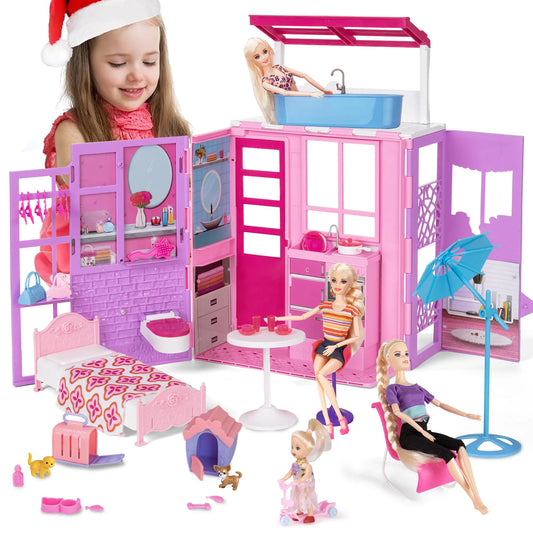 Yellow River Portable Doll House One Set Fortable Dollhouse with Loft Bed Table Basin& Pets 40+pcs Doll Accessories Dolls Play House Toys Birthday Xmas Gifts for Girls 3 4 5 6 7 8+