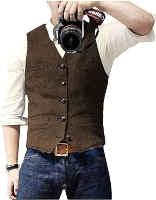 Bglddue Mens Suit Vests Wool Tweed Vest V Neck Slim Fit Waistcoat Formal Business Retro for Wedding