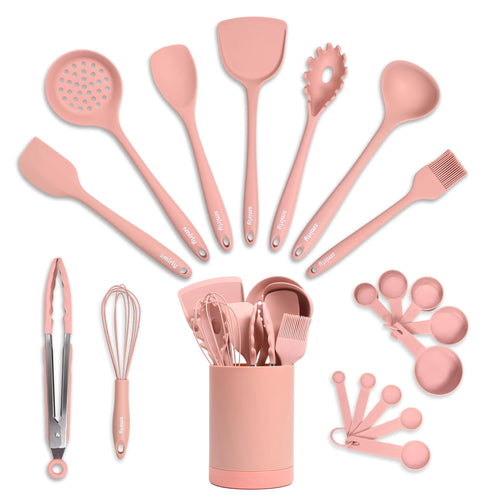 Silicone Kitchen Utensils Set & Holder: Cooking Utensils Set - Kitchen Essentials for New Home & 1st Apartment- Silicone Spatula Set Cooking Spoons for Nonstick Cookware (Silicone Pink)