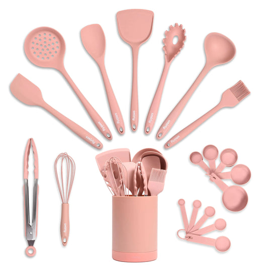 Silicone Kitchen Utensils Set & Holder: Cooking Utensils Set - Kitchen Essentials for New Home & 1st Apartment- Silicone Spatula Set Cooking Spoons for Nonstick Cookware (Silicone Pink)