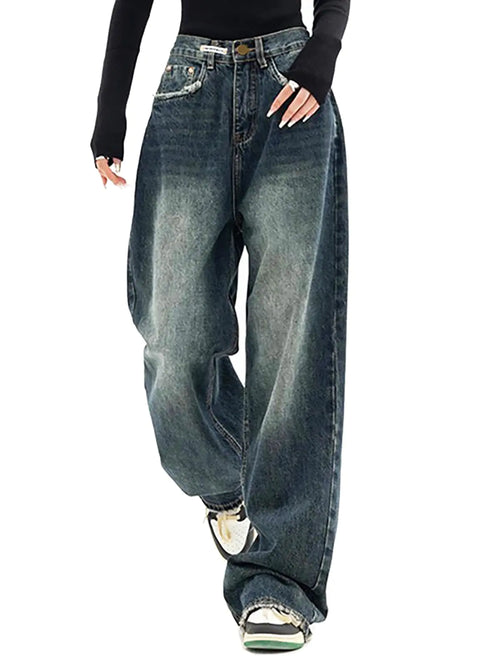 DUKBUBI High Waist Baggy Jeans for Women Y2K Wide Leg Jeans Loose Vintage Boyfriend Denim Pants Blue