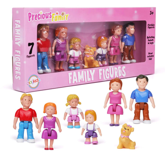 Playkidz Family Figures - Set of 7 Small Toy People for Dollhouse Play Includes Parents Sibling and Pet - Doll House Accessories for Children