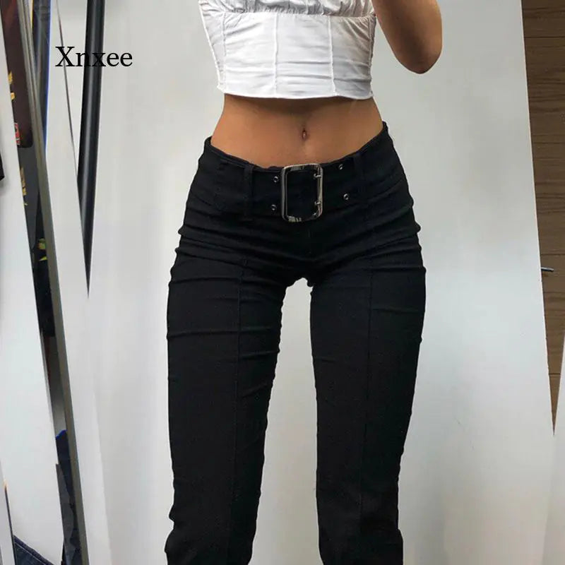Y2K Vintage Black Wide Leg Flare Denim Pants for Women