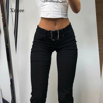 Y2K Vintage Black Wide Leg Flare Denim Pants for Women