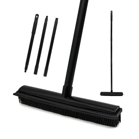 Rubber Broom Carpet Rake for Pet Hair Removal 3 in 1 Floor Brush for Carpet Soft Push Broom with 47" Long Handle Pet Hair Broom with Squeegee for Carpet Fluff Hardwood Floor Tile (Black)