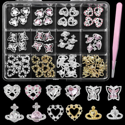 72 Pcs Heart Nail Charms Valentines Heart Nail Charms Shiny Planet Heart Butterfly Metal Nail Charms and Gems Diamond Heart Nail Charms Silver Gold Heart Crown Nail Charms for Nails Art DIY