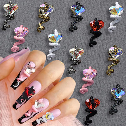 12pcs 3D Heart Rhinestone Snake Nail Charms Y2k Nail Accessories Snake Nail Art Charms Heart Nail Gems Snakes Nails Charms Metal Nail Jewels for Nail Art Supplies Snake Nail Charm Nail Rhinestones