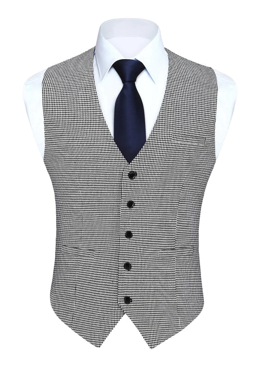 HISDERN Mens Suit Vest Business Formal Dress Vests Waistcoat Slim Fit Cotton Plaid Vest for Suit or Tuxedo with Pockets Wedding Houndstooth