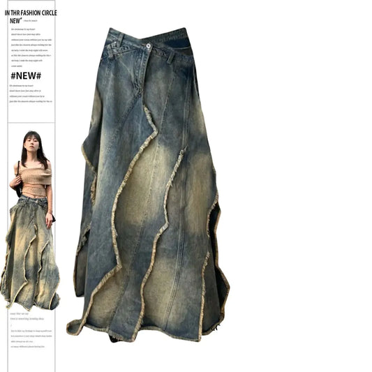 Plus Size Retro Y2K Irregular Denim Long Skirt for Women