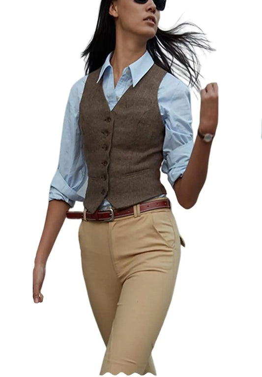 Womens Herringbone Tweed Waistcoat Slim Fit V-Neck Dressy Suit Vest