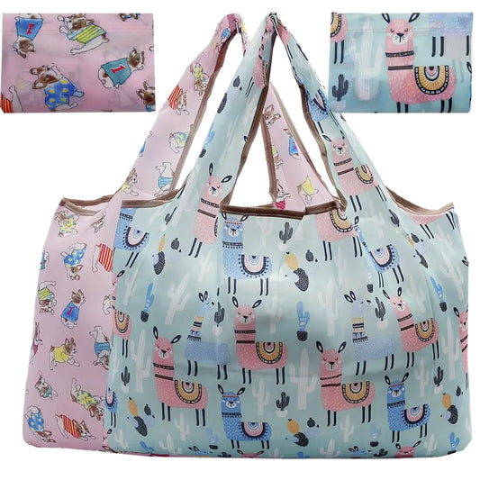 Reusable Grocery Bag 2 Packs Large Washable Foldable Eco Friendly Nylon Heavy Duty Fits in Pocket Shopping Tote Bag (bulldog & llama)