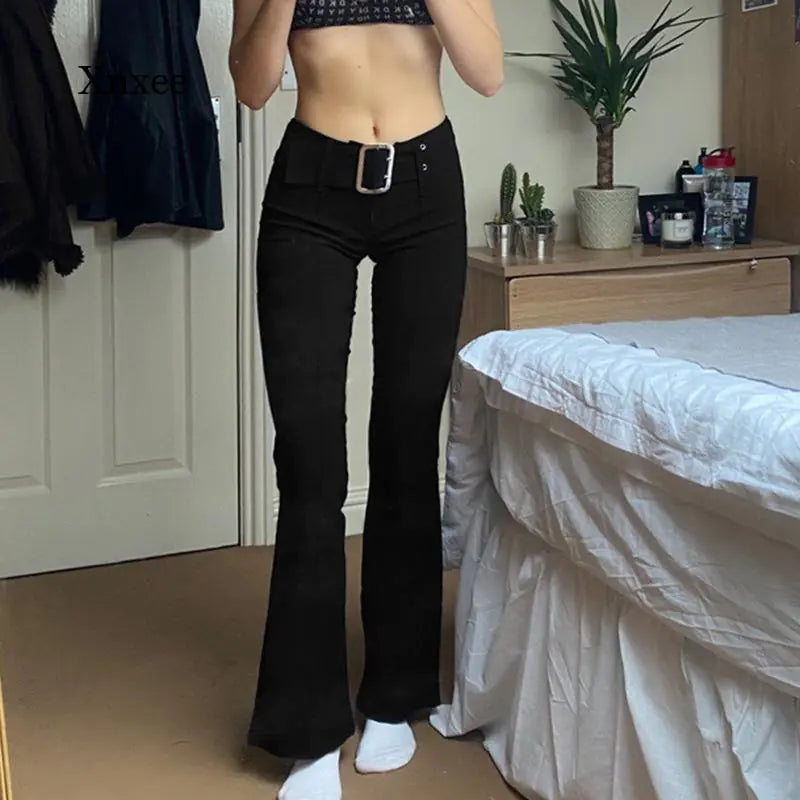 Y2K Vintage Black Wide Leg Flare Denim Pants for Women