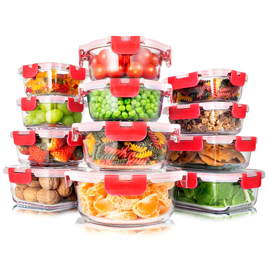 SereneLife 12-Piece Glass Food Storage Containers with Improved Locking Lids - Airtight Glass Meal Prep Set with 12 Containers & 12 Lids - Airtight Bento Boxes BPA-Free - 11 To 35 Oz. Capacity Red