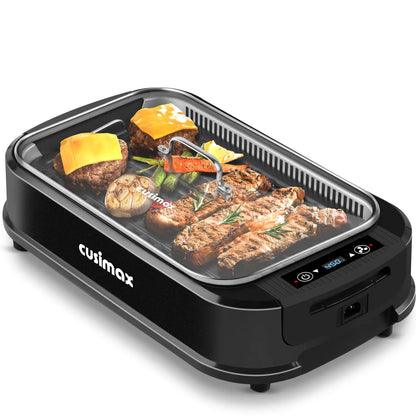 Smokeless Grill Indoor CUSIMAX Electric Grill 1500W Grill Portable Korean BBQ Grill with LED Smart Display & Tempered Glass Lid Non-stick Removable Grill Plate Dishwasher Safe Black