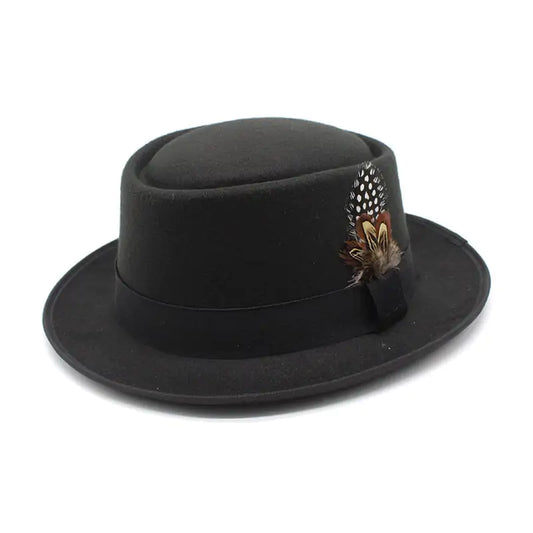 Versatile Flat Top Woolen Jazz Hat with Feather