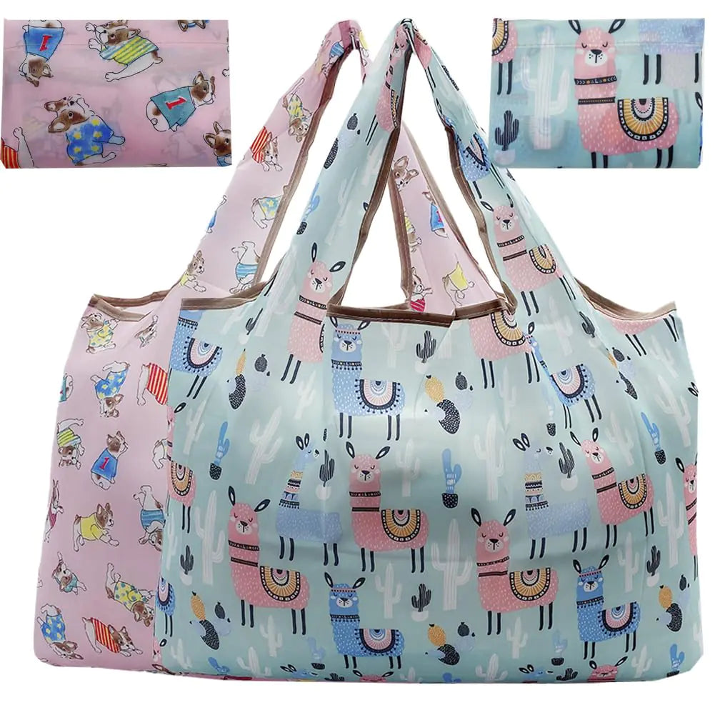 Reusable Grocery Bag 2 Packs Large Washable Foldable Eco Friendly Nylon Heavy Duty Fits in Pocket Shopping Tote Bag (bulldog & llama)