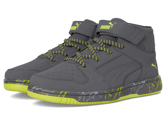 PUMA Rebound Layup Mid Hook and Loop Sneaker Strong Gray-Strong Gray-Lime Smash 3.5 US Unisex Little Kid