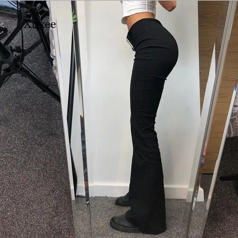 Y2K Vintage Black Wide Leg Flare Denim Pants for Women