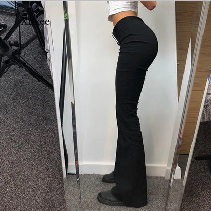Y2K Vintage Black Wide Leg Flare Denim Pants for Women