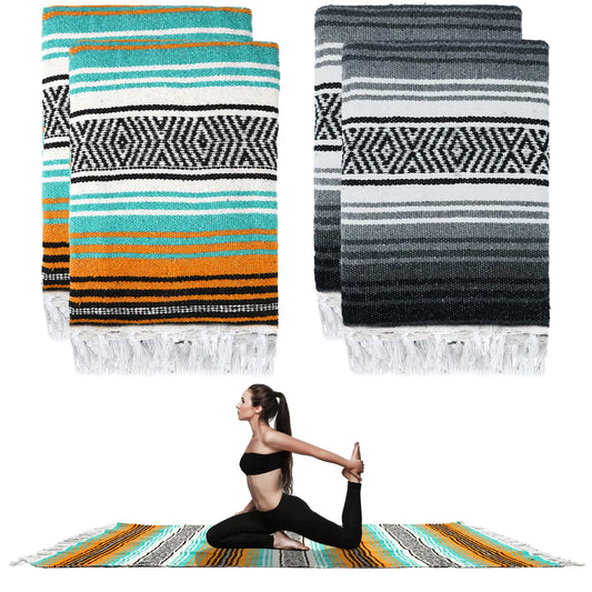 Preboun 4 Pcs Large Mexican Yoga Blanket Pack 45 x 70 Inch Thick Woven Camping Blanket Picnic Blanket Beach Car Travel Throw Blanket Outdoor Patio Mat Towel(Gray Orange Green)