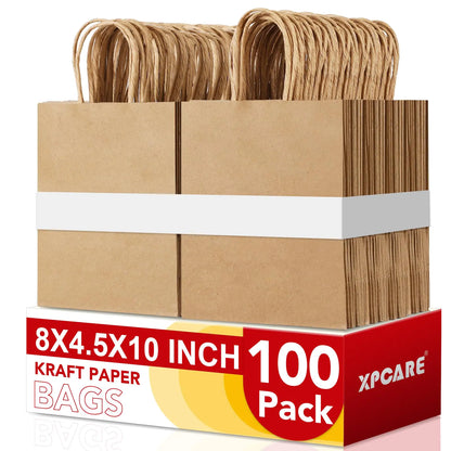 XPCARE 100Pack Brown Paper Bags 8x4.5x10 Inch Plain Medium Paper Bags with Handles Bulk Kraft Paper Gift Bags Retail Bags Party Bags Shopping Bags Favor Bags