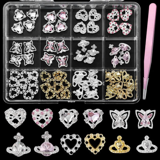 72 Pcs Heart Nail Charms Valentines Heart Nail Charms Shiny Planet Heart Butterfly Metal Nail Charms and Gems Diamond Heart Nail Charms Silver Gold Heart Crown Nail Charms for Nails Art DIY