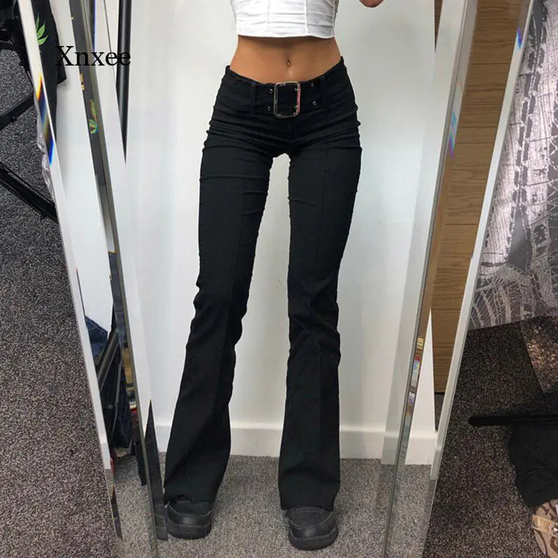 Y2K Vintage Black Wide Leg Flare Denim Pants for Women