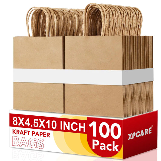 XPCARE 100Pack Brown Paper Bags 8x4.5x10 Inch Plain Medium Paper Bags with Handles Bulk Kraft Paper Gift Bags Retail Bags Party Bags Shopping Bags Favor Bags